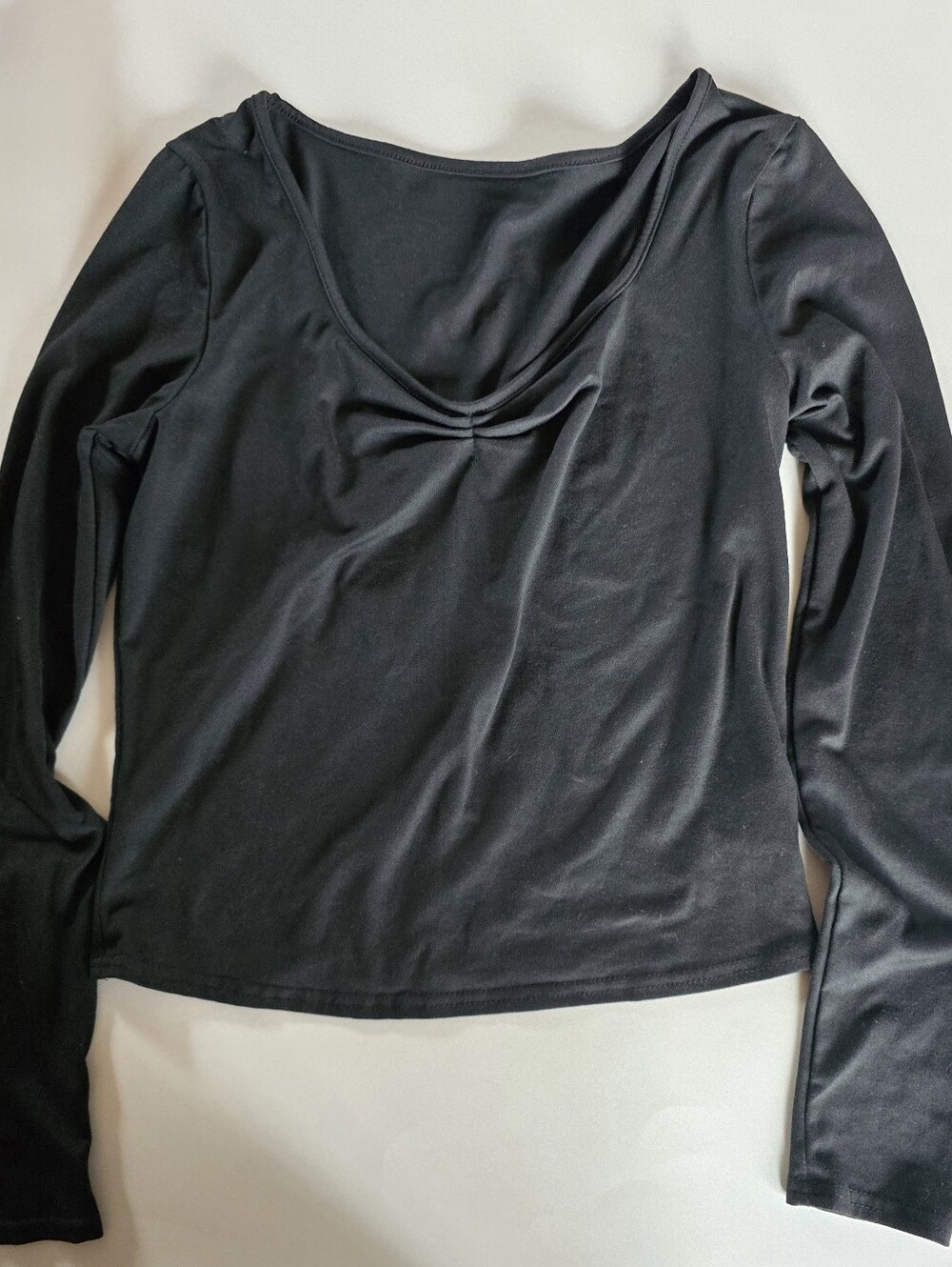 SHEIN Black Long Sleeve Scoop Neck Top with Gathered Front